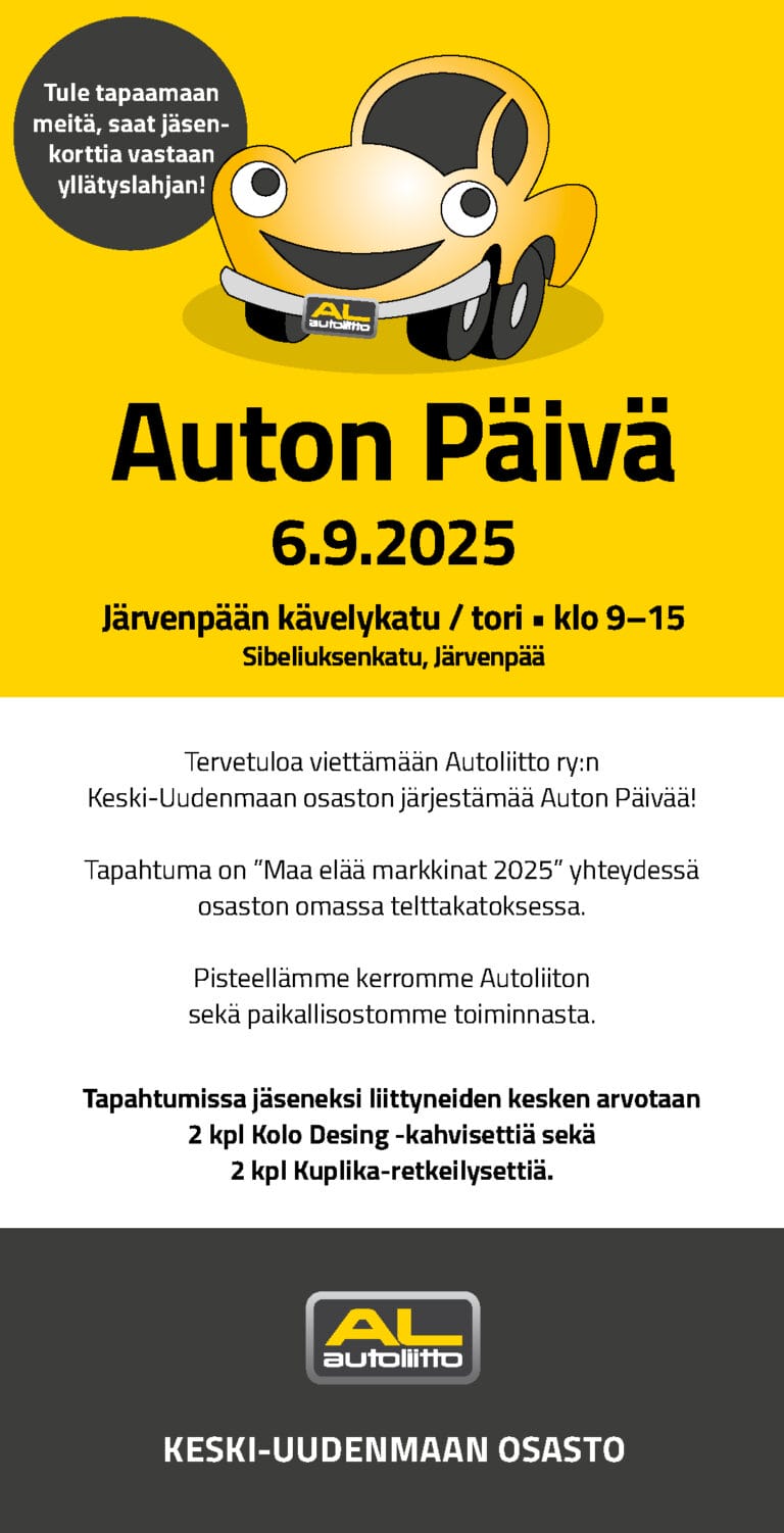 Kutsu Auton Päivän tilaisuuteen Järvenpäähän kävelykatu Jannelle 7.9. kello 9-15