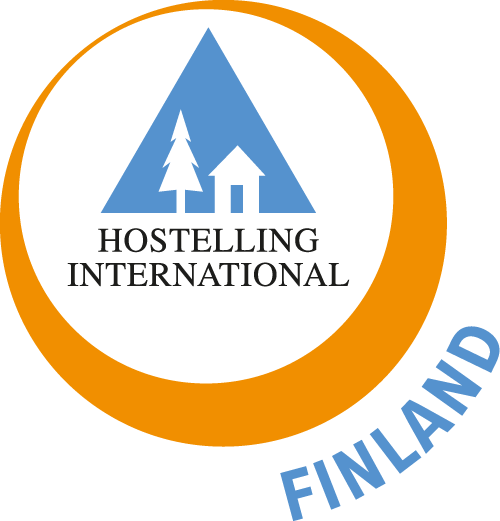 Hostelling International logo jossa perinteinen hostelli merkki oranssin ympyrän sisällä