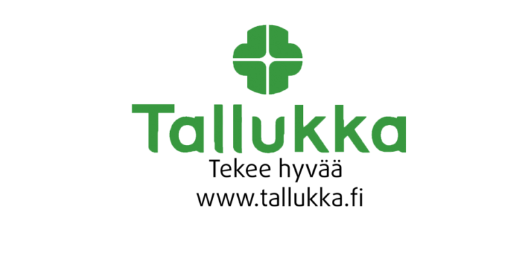 Tallukka logo, jossa vihreä teksti valkoisessa puolikuussa