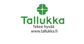 Tallukka logo, jossa vihreä teksti valkoisessa puolikuussa