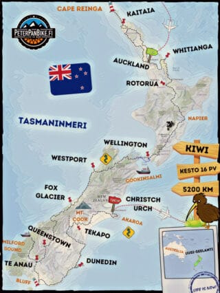 Piirretty kartta moottoripyörämatkasta Uuden-Seelannin halki