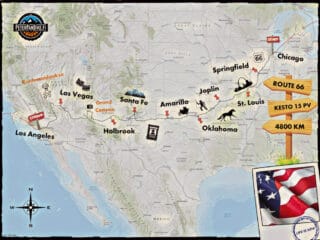 Piirretty kartta moottoripyörämatkasta Route 66 USAn halki