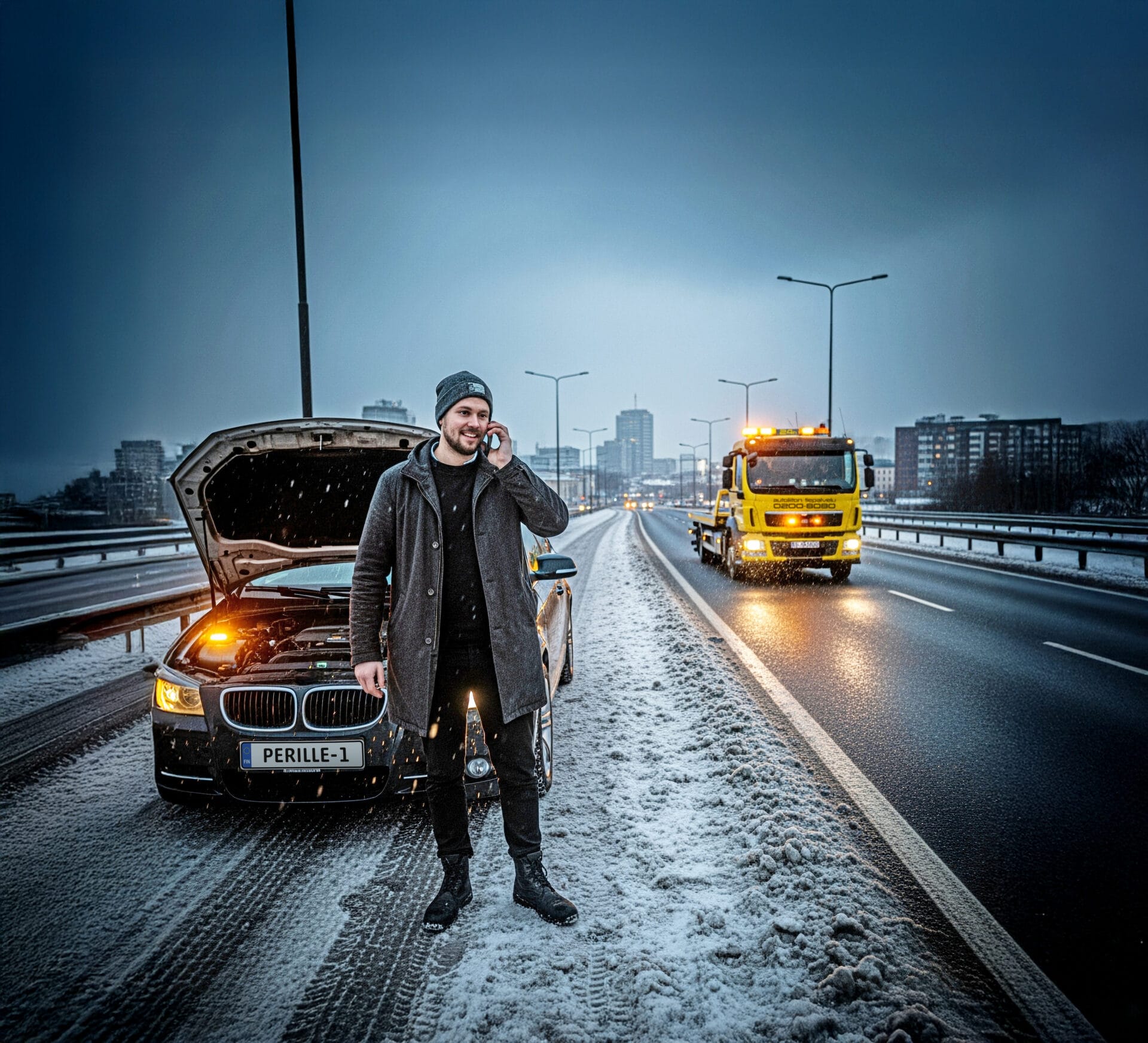 Mies loskaisella maantiellä, auton konepelti auki. Hinausauto tulossa jo pelastamaan.