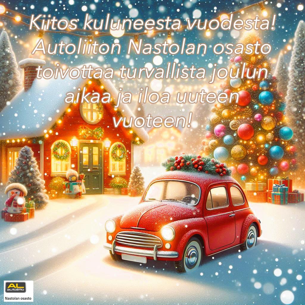 Jouluinen talvimaisema, jossa on koristeltu talo, puu ja auto.